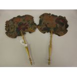 Pair of early 19th Century floral decorated face screens with turned giltwood handles (at fault)