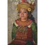 Anatole Shister, oil on canvas, portrait of a Balinese girl wearing traditional costume, signed