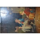 19th Century naive school, figures in a cottage interior, 12ins x 10ins, in a modern frame (