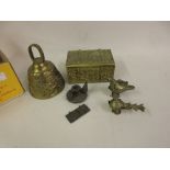 Small reproduction brass casket, similar bell, miniature chamber stick, two Indian brass boxes in