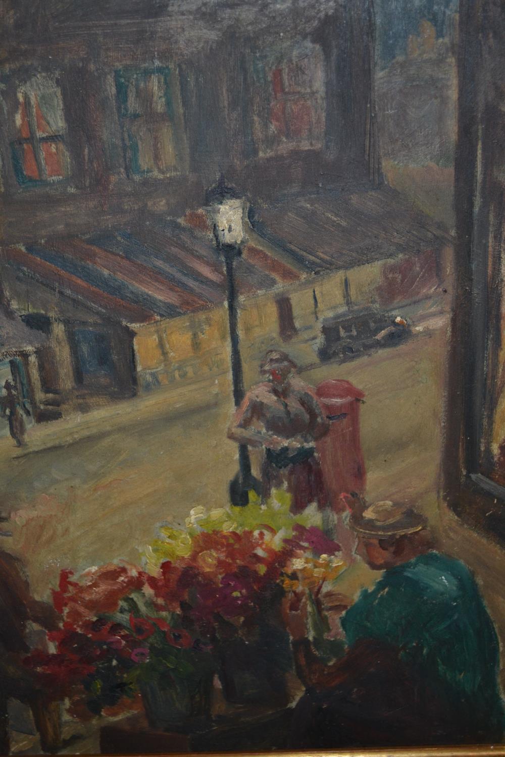 Mid 20th Century oil on board, street scene with figures and flower seller, inscribed verso ' Medley