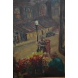 Mid 20th Century oil on board, street scene with figures and flower seller, inscribed verso ' Medley