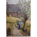 Oil on canvas laid on board, two figures on a path with farm buildings to background, bearing