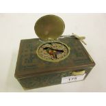 Mid 20th Century brass and green enamel decorated singing bird musical bird (at fault)