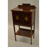 Small Edwardian mahogany satinwood crossbanded and line inlaid side cabinet, the two panel doors