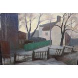 Russian school, oil on canvas, village street scene at sunset, monogrammed, also label remnant