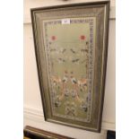 Chinese silk picture embroidered with birds in landscape, framed