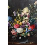 Attributed to Cecil Kennedy, oil on panel, still life, summer flowers in a glass vase on a stone