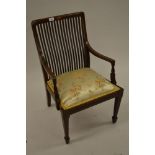 Edwardian mahogany line and marquetry inlaid open elbow chair with shaped splat back above