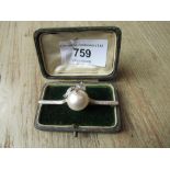 White metal bar brooch set large split cultured pearl and diamond chips