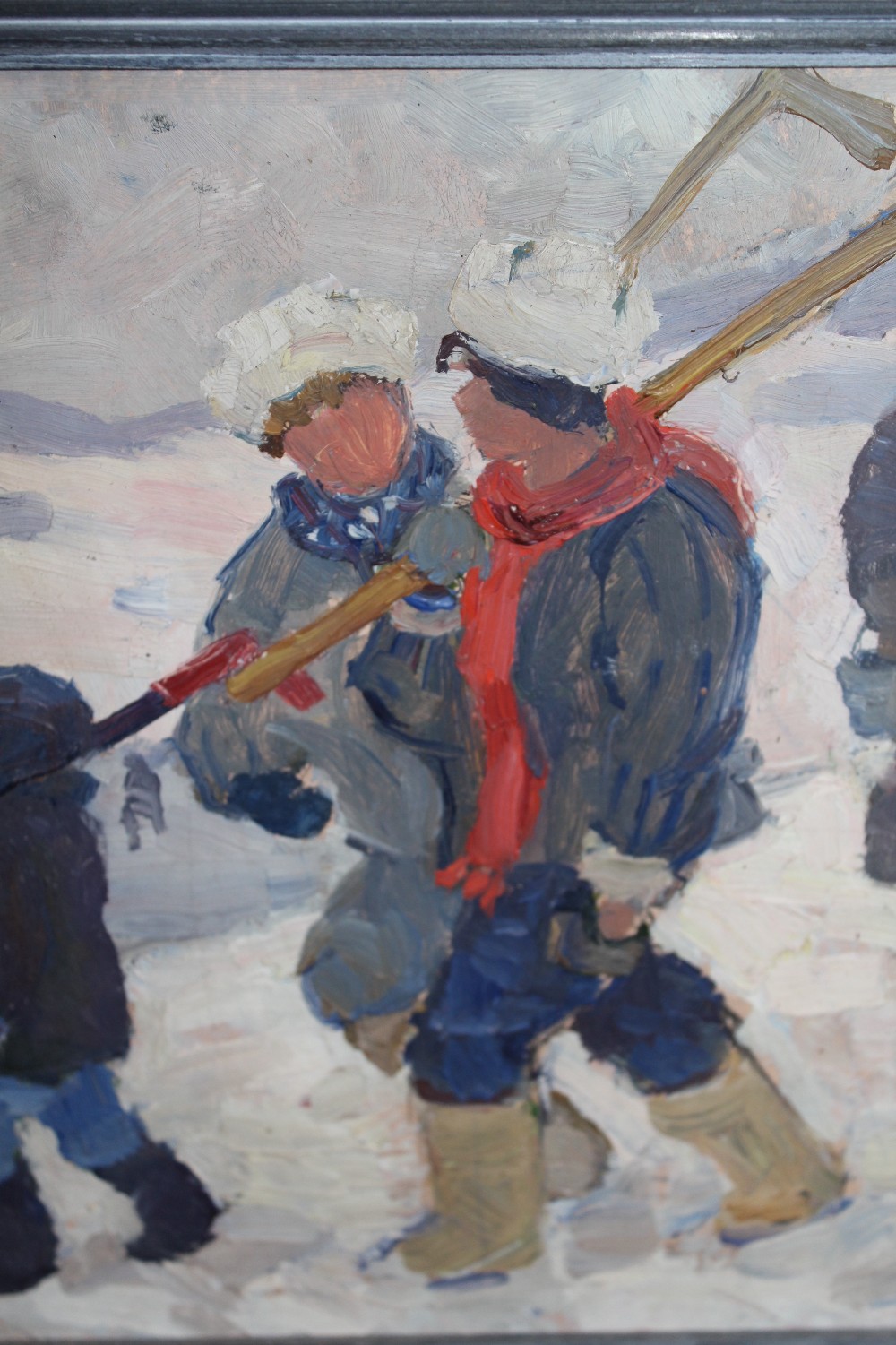 Russian school, oil on board, skiers in a winter landscape, signed and stamped verso, (