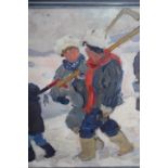 Russian school, oil on board, skiers in a winter landscape, signed and stamped verso, (