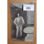 Oil on card, male figure in an interior, initialled K.N., 6ins x 3.5ins