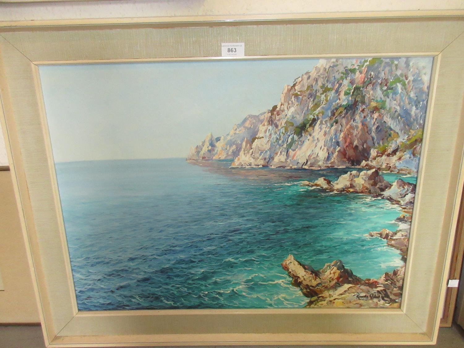 Guido Odierna, signed oil on canvas, coastal view, inscribed verso ' Capri ', 19.5ins x 26.5ins - Image 2 of 4