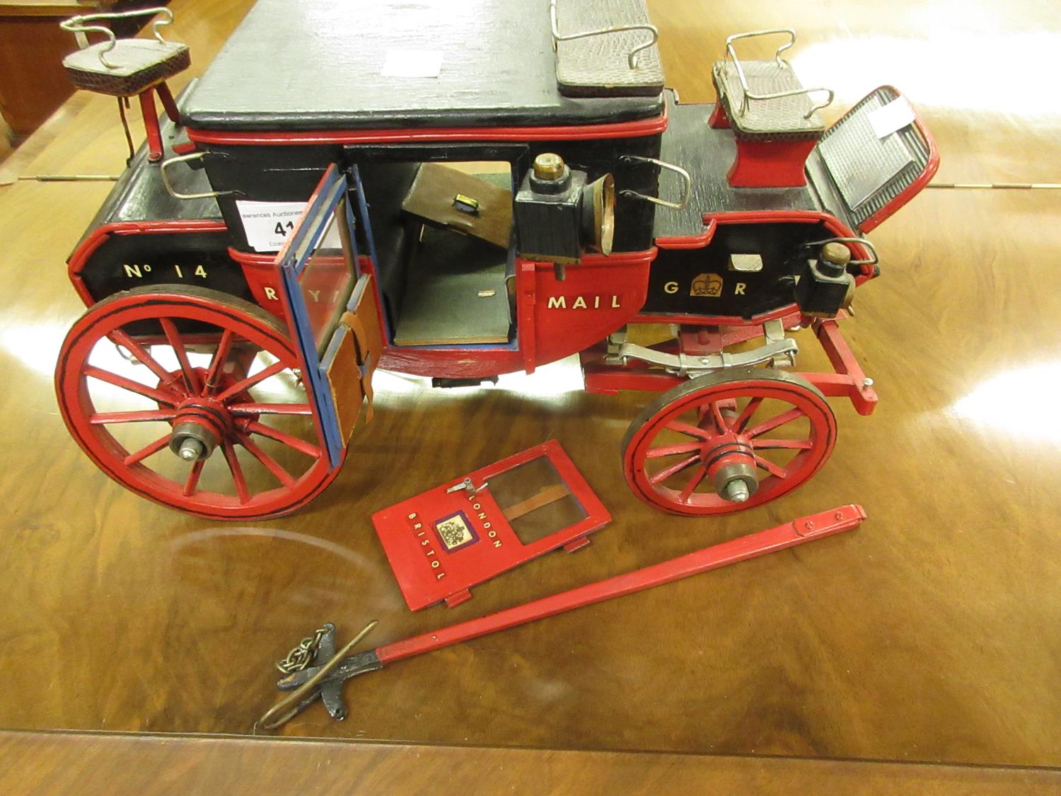 20th Century wooden scratch built model of Royal Mail London to Bristol horse drawn coach 40cms wide - Image 2 of 2