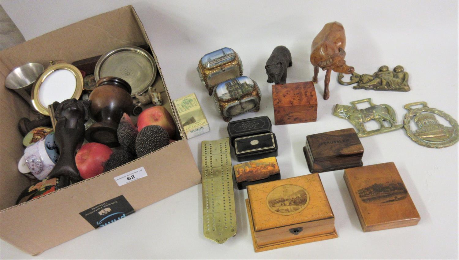 Two Mauchline ware boxes, three paper mache snuff boxes, pair of carved wooden nutcrackers, Black