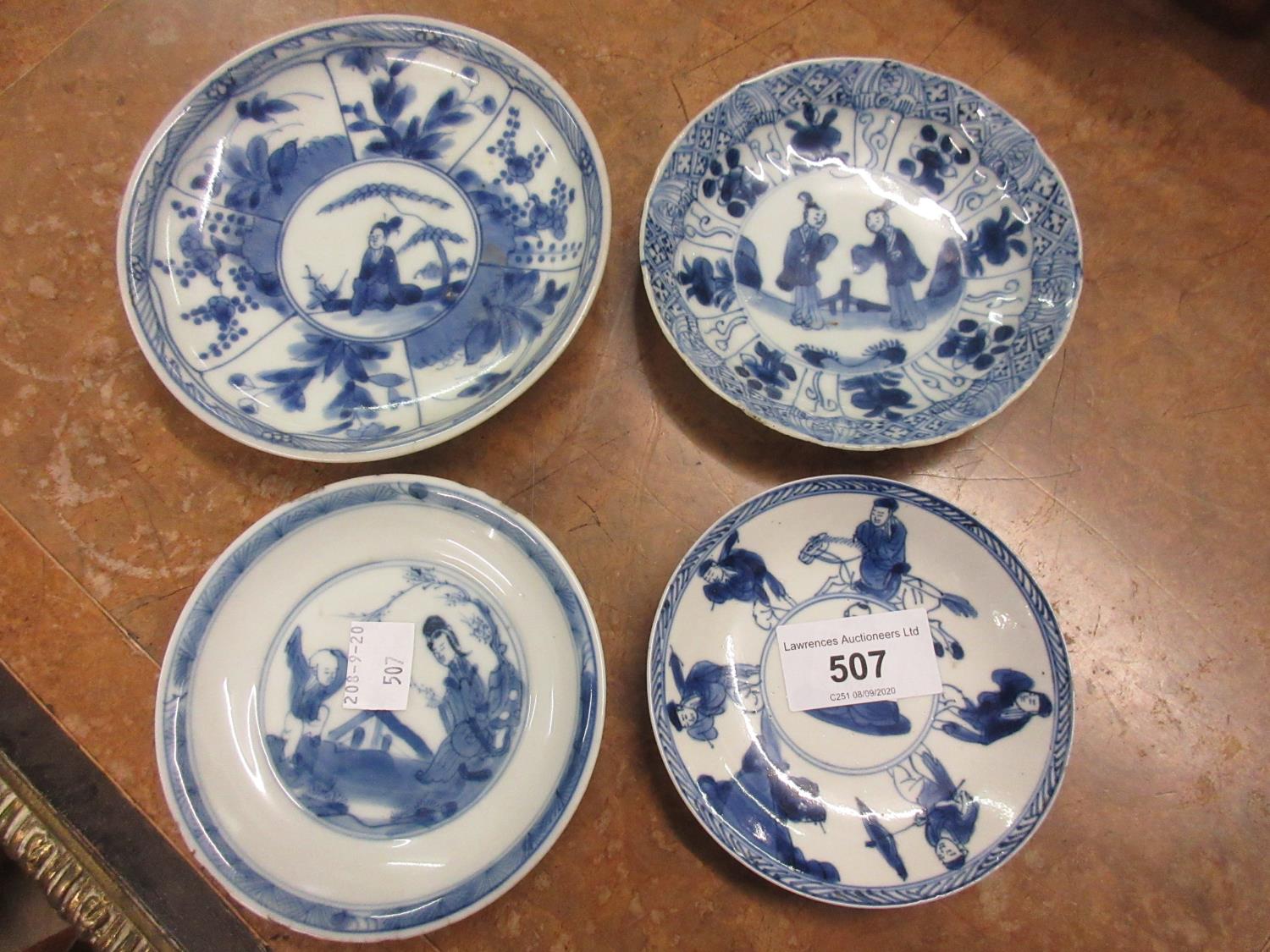 Group of four various small Chinese blue and white saucers, three signed to the base Various chips - Image 2 of 6