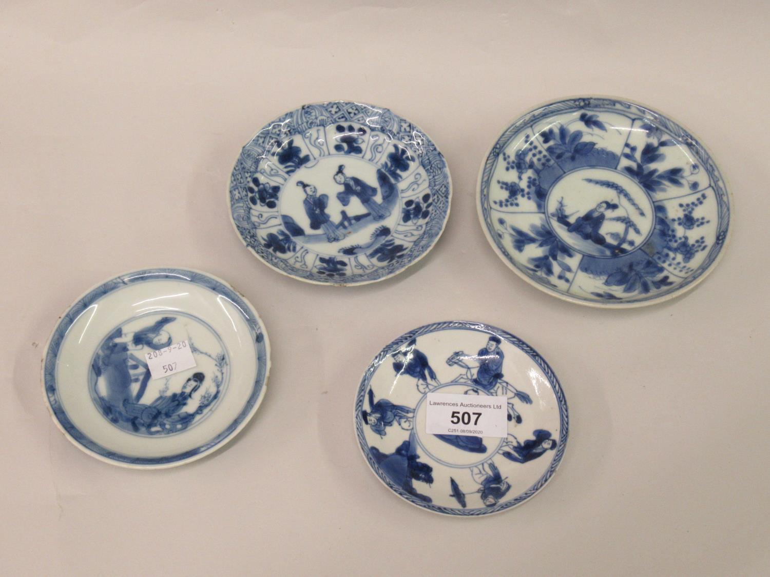 Group of four various small Chinese blue and white saucers, three signed to the base Various chips