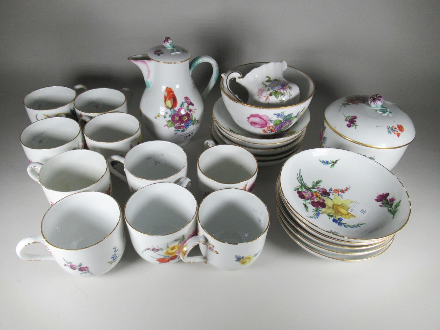 Set of ten German porcelain floral painted coffee cups and saucers, together with matching water pot