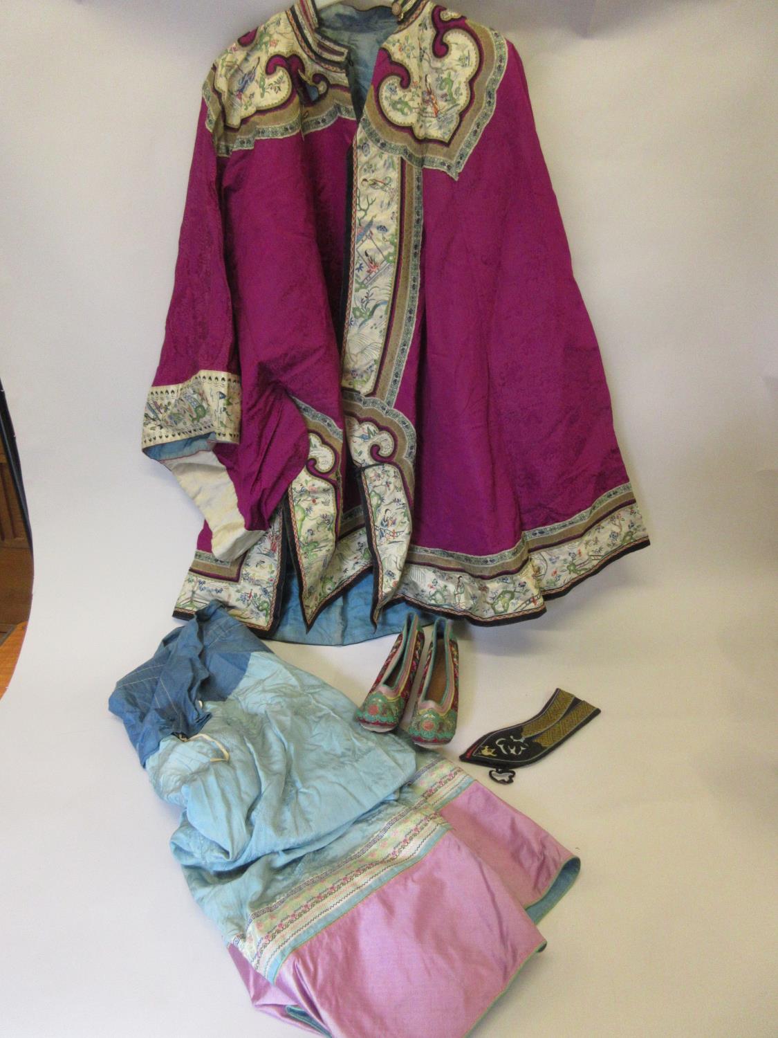 Early 20th Century Chinese silk embroidered jacket, trousers, pair of shoes and headband See