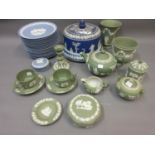 Wedgwood green Jasperware teaset, a blue Jasperware stilton cover and stand (at fault), together