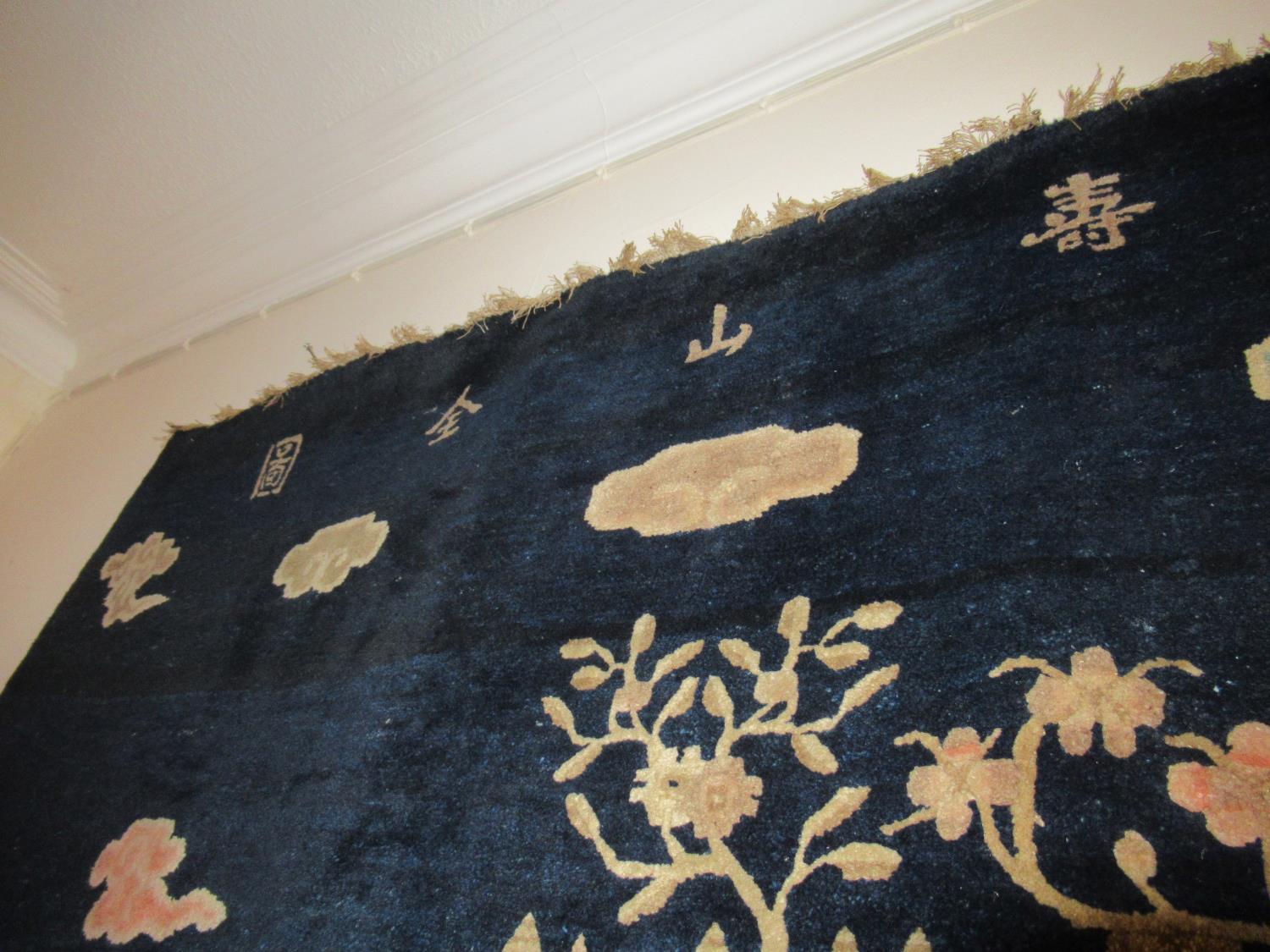 Chinese rug woven with a landscape design in shades of blue, pink and beige beneath a row of seven - Image 8 of 10