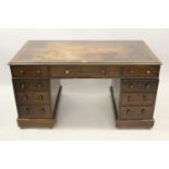 Late 19th / early 20th Century mahogany twin pedestal desk, the inset top above nine drawers Holes