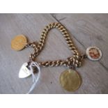 15ct Gold curb link bracelet with padlock clasp and two attached gold coins, together with one