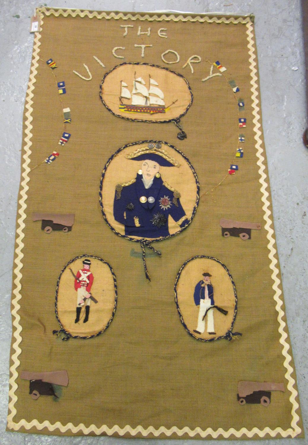 Two Hessian panels commemorating H.M.S. Victory and another similar, British Monarchs and - Image 6 of 10