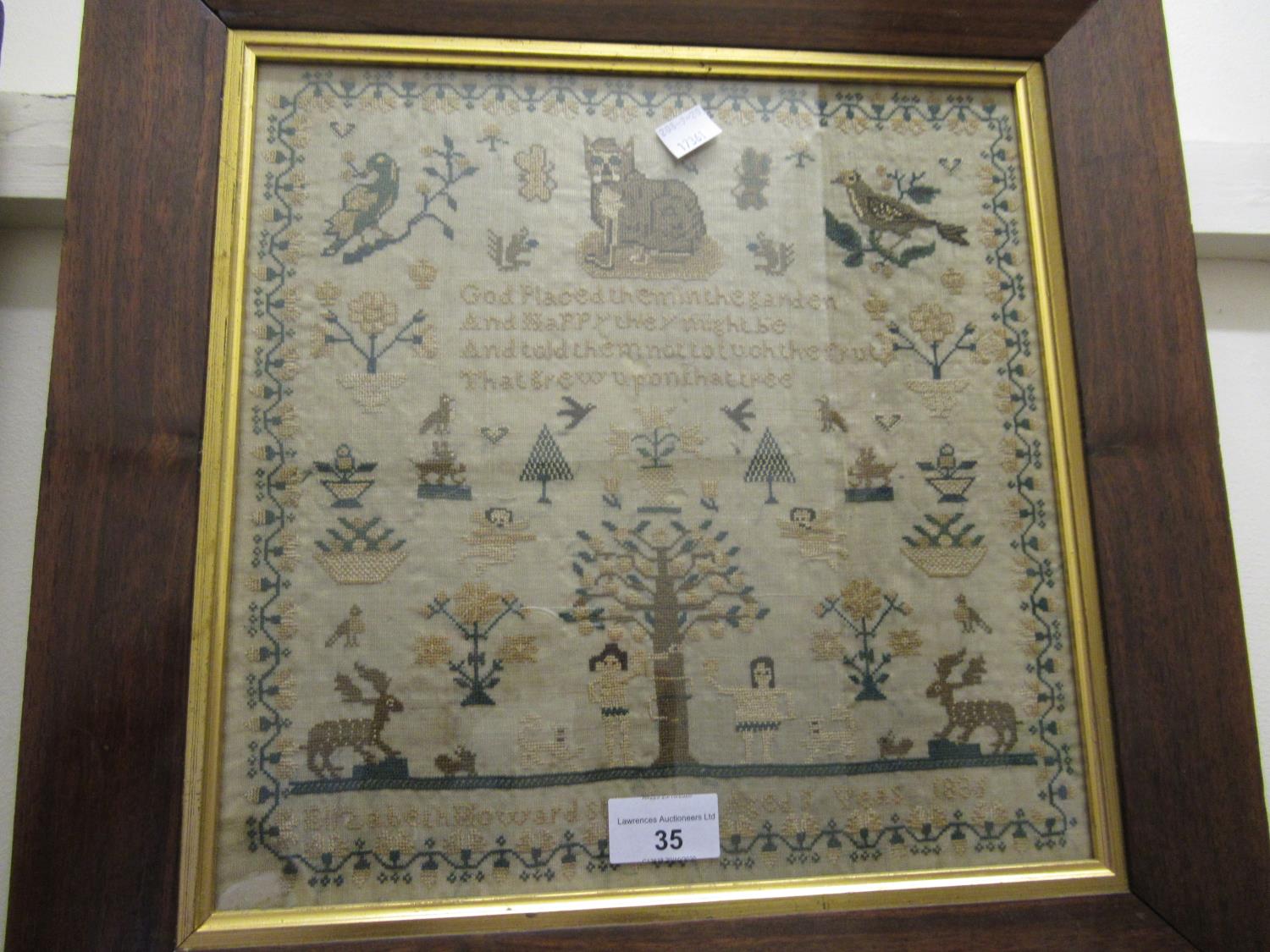 William IV needlepoint sampler of pictorial motto and Adam and Eve design, signed Elizabeth