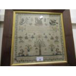 William IV needlepoint sampler of pictorial motto and Adam and Eve design, signed Elizabeth