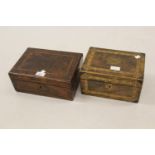 Victorian burr walnut work box together with a Victorian walnut and parquetry inlaid work box No