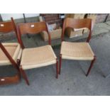 Set of eight Danish mid 20th Century dining chairs by Niels Moller with shaped rail backs, paper