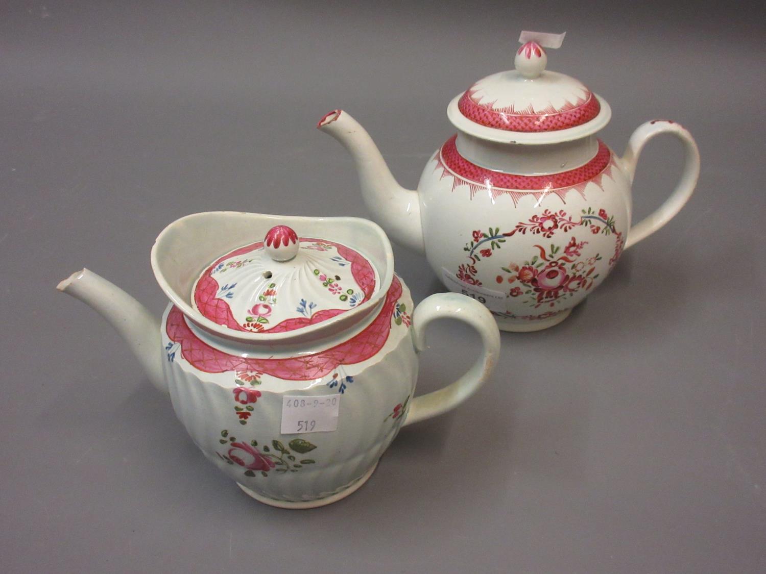 Late 18th or early 19th Century Pearlware teapot painted with flowers within pink borders, 6ins high