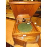 Oak cased table top wind-up gramophone by HMV