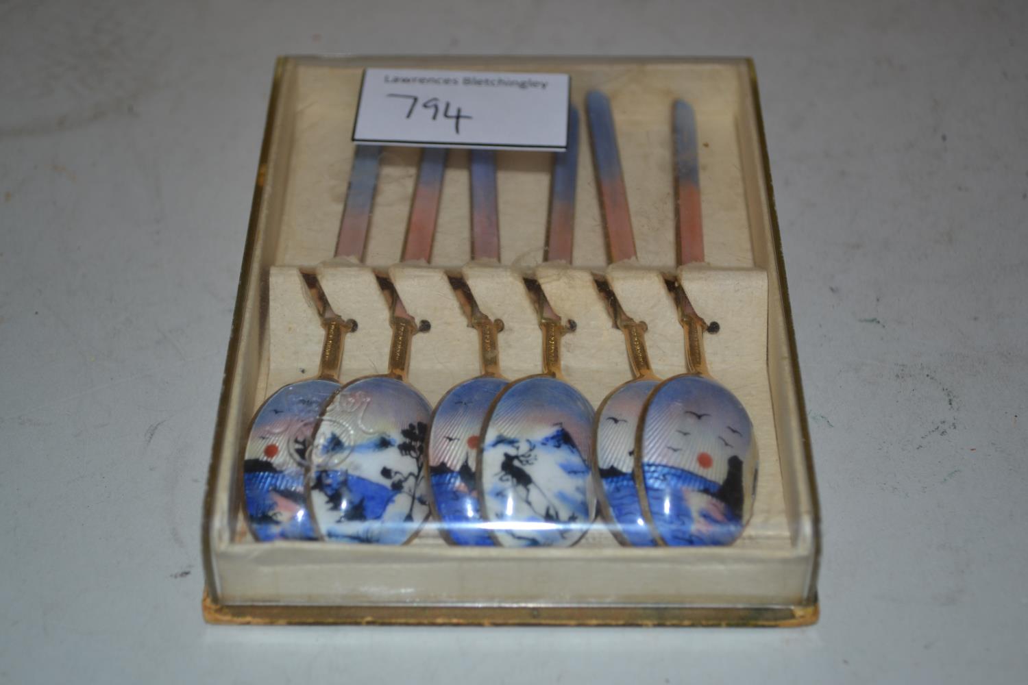 Boxed set of six Norwegian sterling silver and coloured enamel decorated coffee spoons Chips to - Image 2 of 7