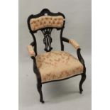 Edwardian pink button upholstered open arm drawing room chair on cabriole supports