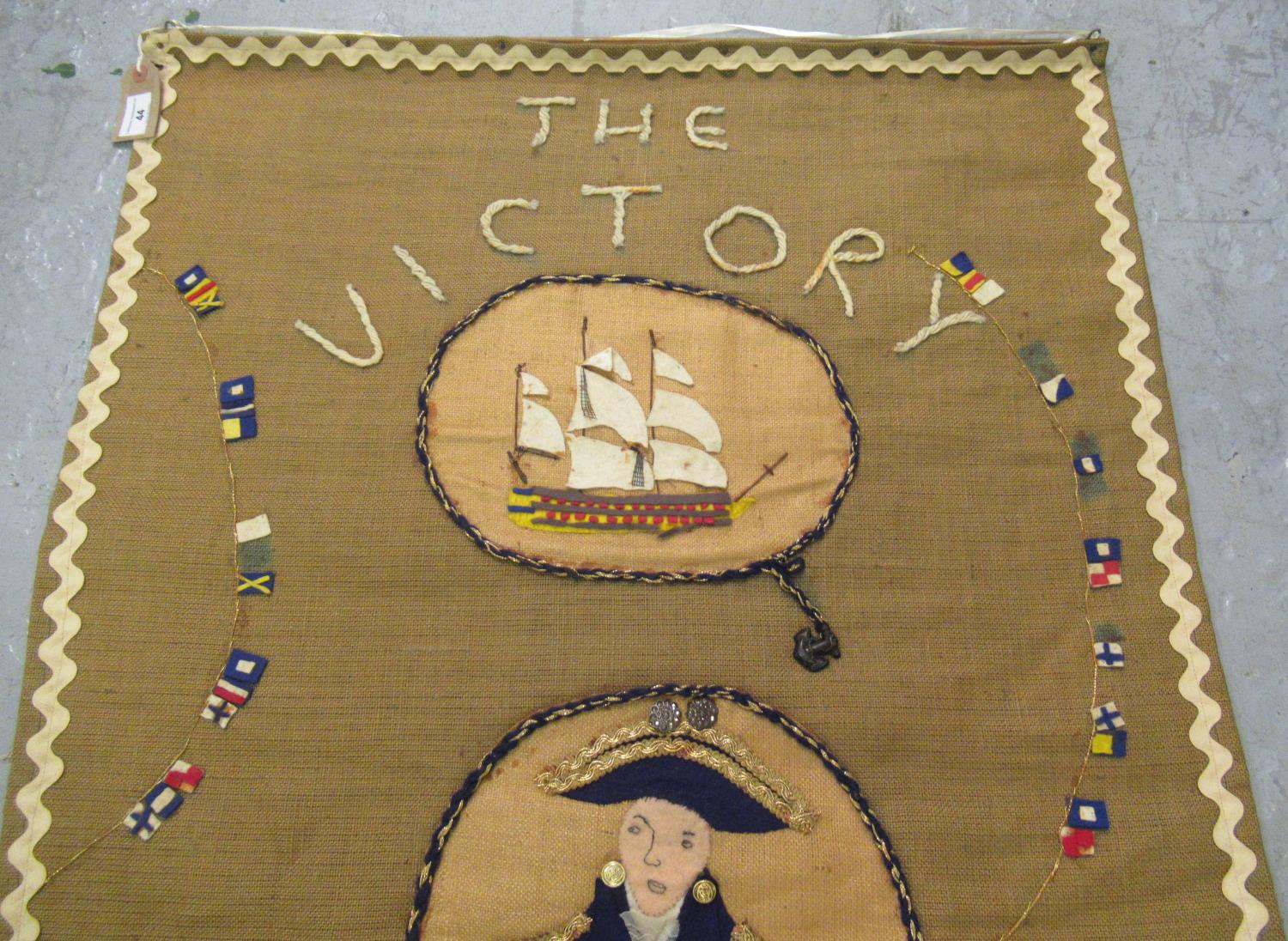 Two Hessian panels commemorating H.M.S. Victory and another similar, British Monarchs and - Image 9 of 10