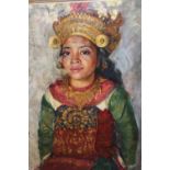 Anatole Shister, oil on canvas, portrait of a Balinese girl wearing traditional costume, signed