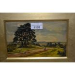 Small 19th Century oil on canvas, shepherd and sheep in a landscape, 5ins x 7.5ins, signed with