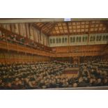 Large gilt framed coloured print depicting members of the House of Commons, 22ins x 37ins