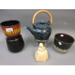 Poole Pottery vase, a West German pottery vase, porcelain figure and a teapot on stand