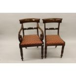 Matched set of eight (six plus two) George IV mahogany dining chairs, the rail backs above drop-in