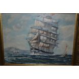 D.E. Marmery, oil on canvas, a clipper under full sale off a coastline, signed, 12ins x 16ins,