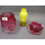 Mid 20th Century Murano cranberry and clear glass vase, a similar ashtray and a yellow Art Glass