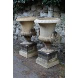 J. Stiff and Sons, Lambeth, pair of late 19th Century terracotta pedestal two handled campana urns