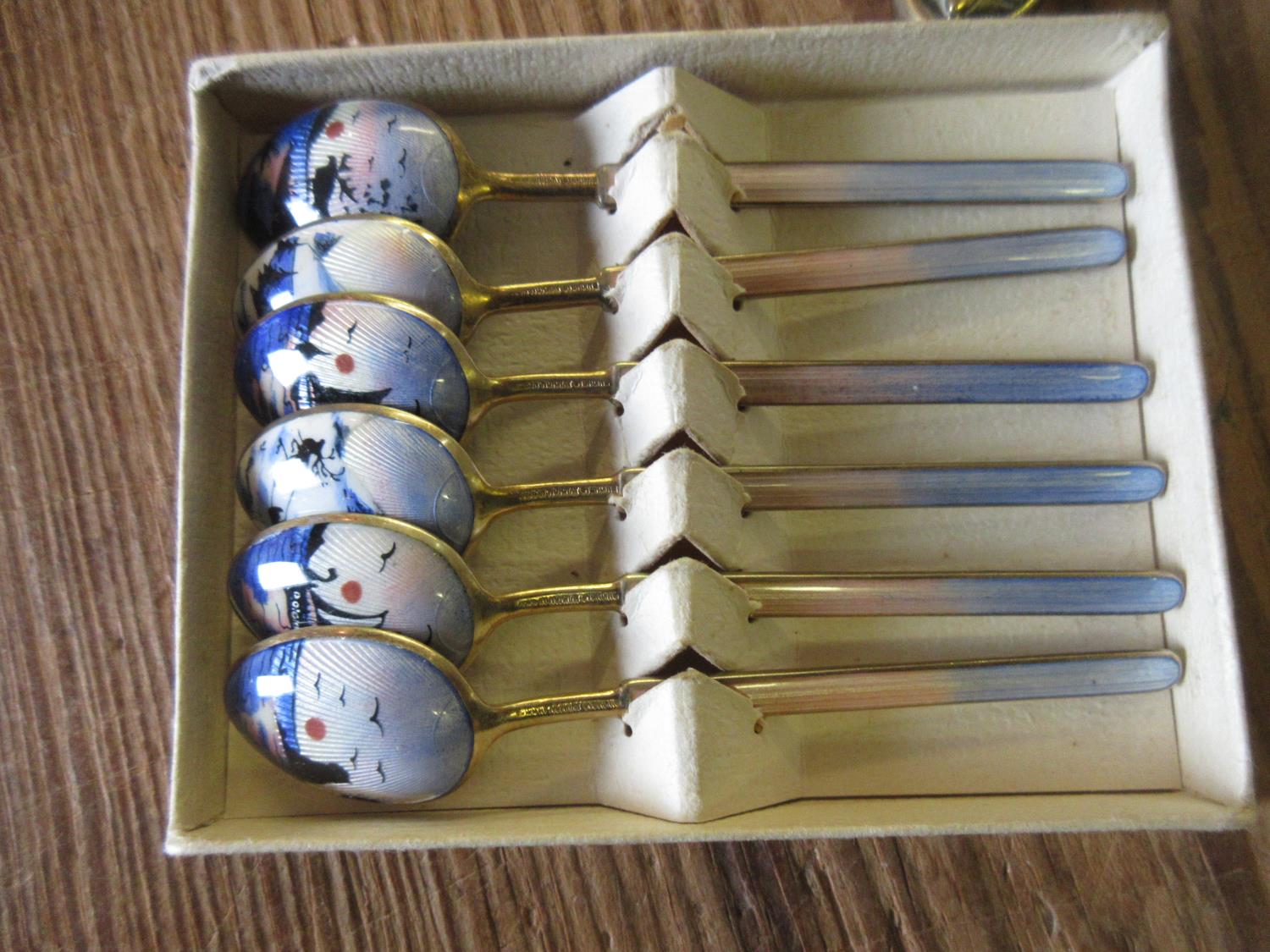Boxed set of six Norwegian sterling silver and coloured enamel decorated coffee spoons Chips to - Image 4 of 7