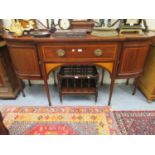 Good quality Edwardian mahogany satinwood crossbanded semi bow fronted sideboard with a lattice work