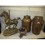 Painted resin model of a ' merry go round horse ', oak barrel, similar stick stand, a hardwood