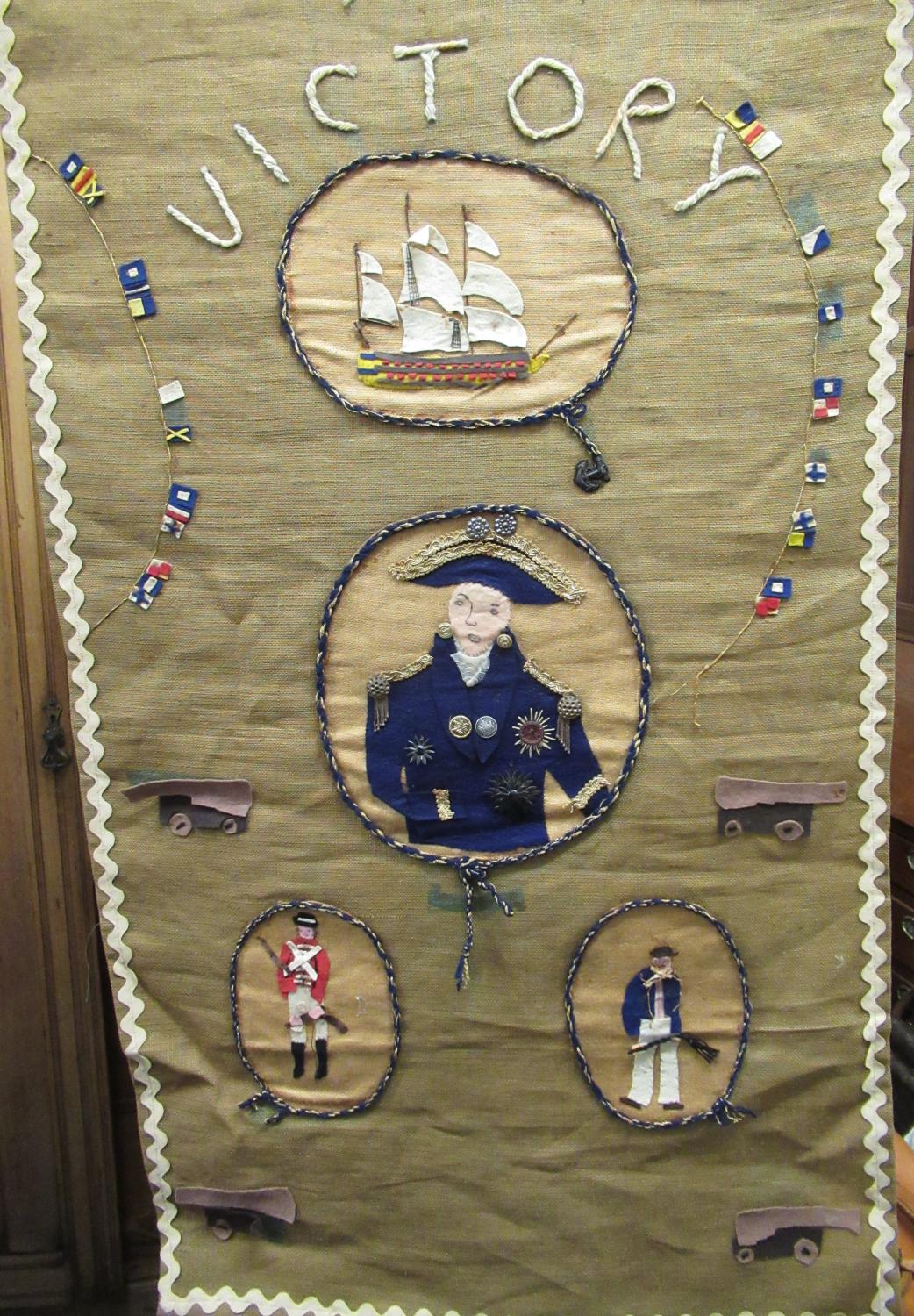 Two Hessian panels commemorating H.M.S. Victory and another similar, British Monarchs and